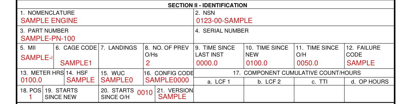 DA Form 2410 example filled out, section 2 - Nomenclature, NSN, Part Number, Serial Number