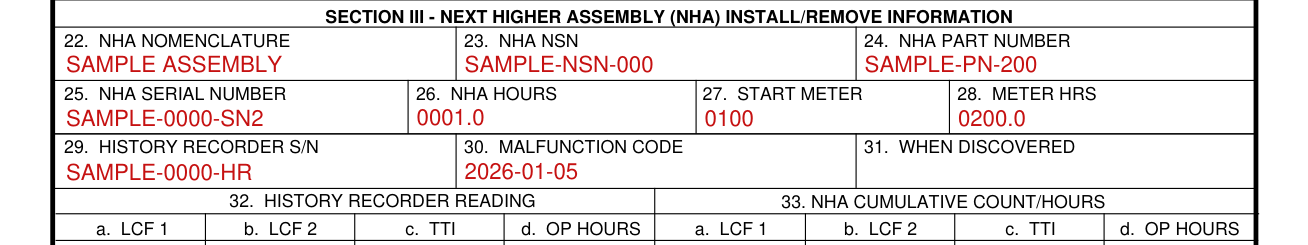DA Form 2410 example filled out, section 3 - NHA nomenclature, NSN, part number, serial number