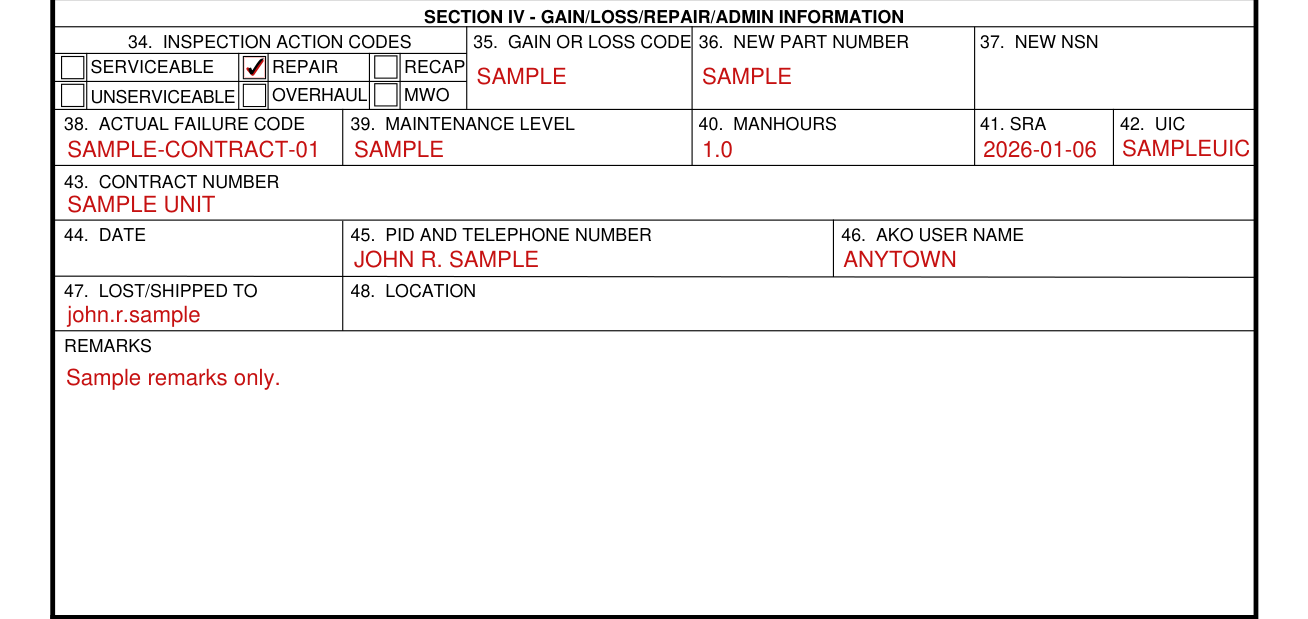 DA Form 2410 example filled out, section 4 - Gain or loss code, new part number, new NSN