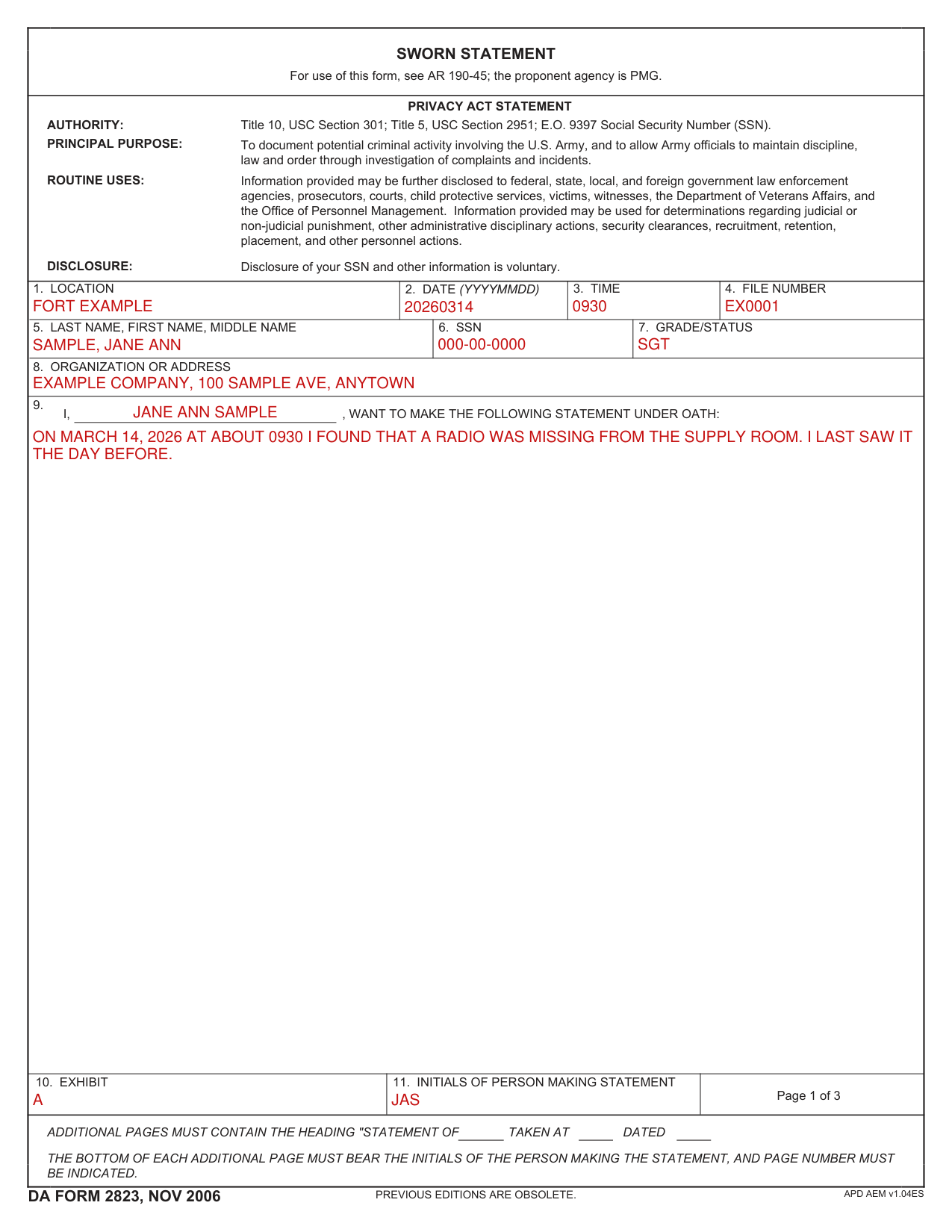 DA Form 2823 example filled out, example: a soldier gives a sworn statement