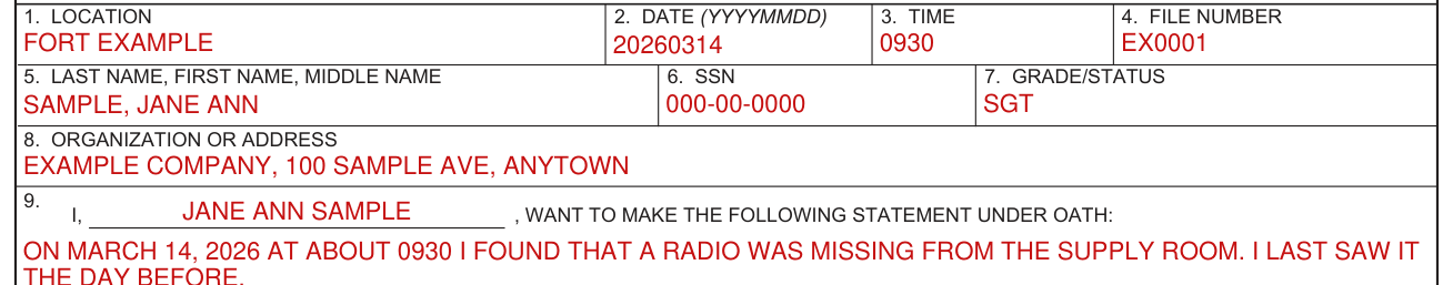 DA Form 2823 example filled out, last name, first name, middle name, SSN, grade/status and organization or address