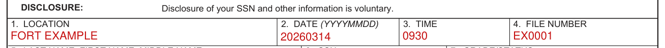 DA Form 2823 example filled out, location, date, time and file number