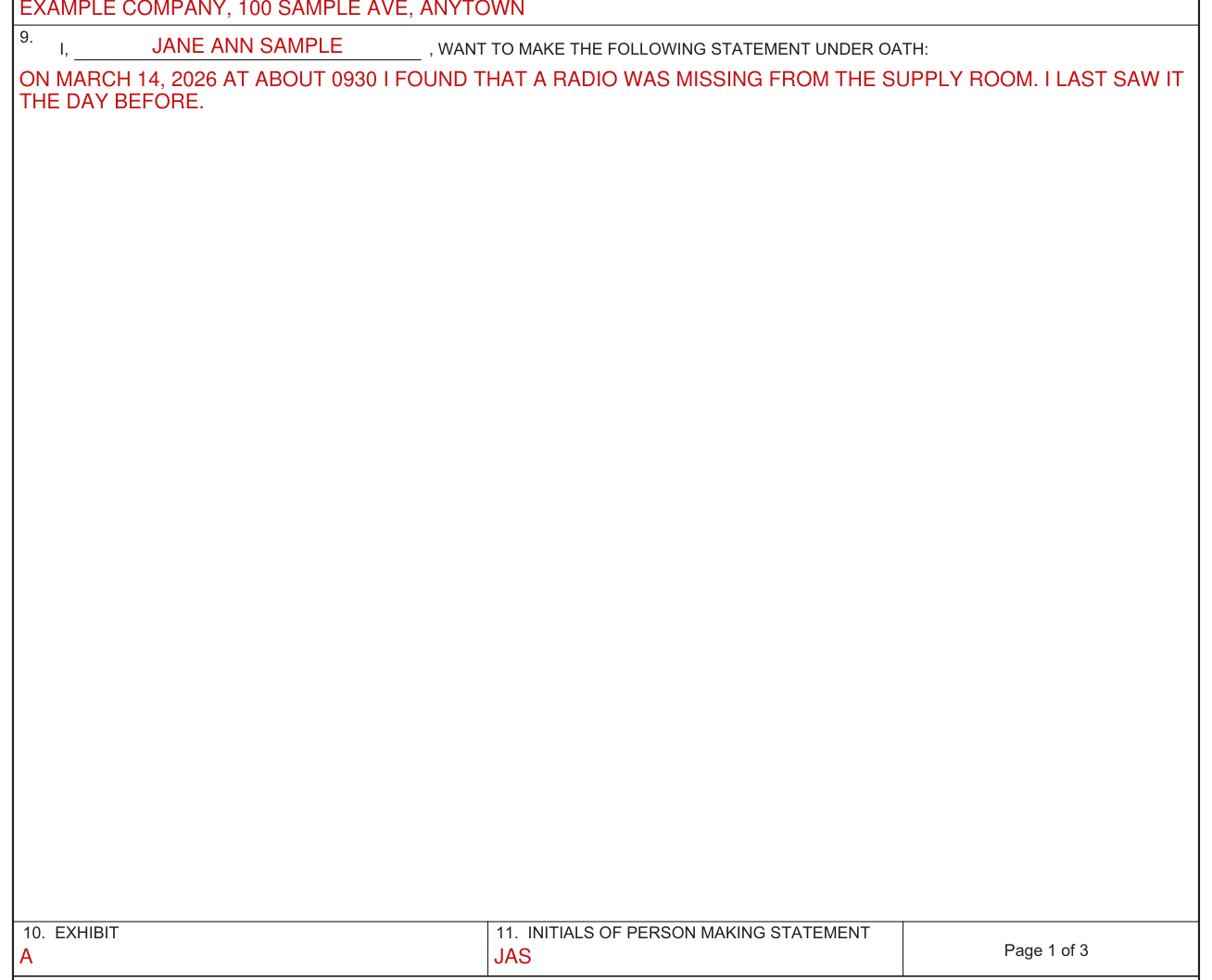 DA Form 2823 example filled out, the statement under oath