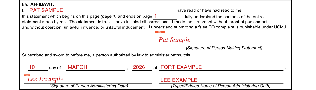DA Form 7279 example filled out, 8a. Affidavit