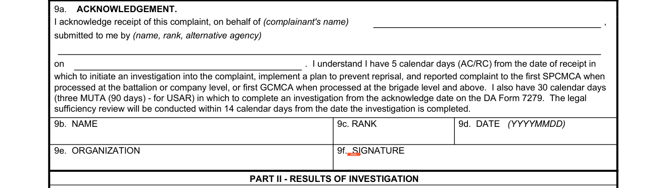 DA Form 7279 example filled out, 9a. Acknowledgement