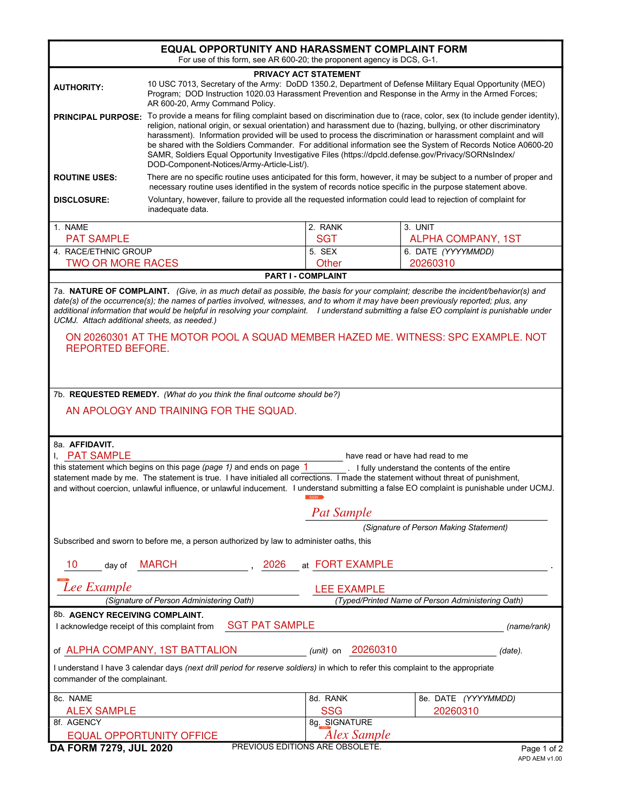 DA Form 7279 example filled out, example: a soldier files the complaint