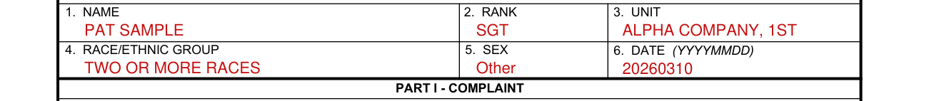 DA Form 7279 example filled out, name, rank, unit, race/ethnic group, sex and date