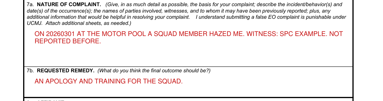 DA Form 7279 example filled out, part I - Complaint