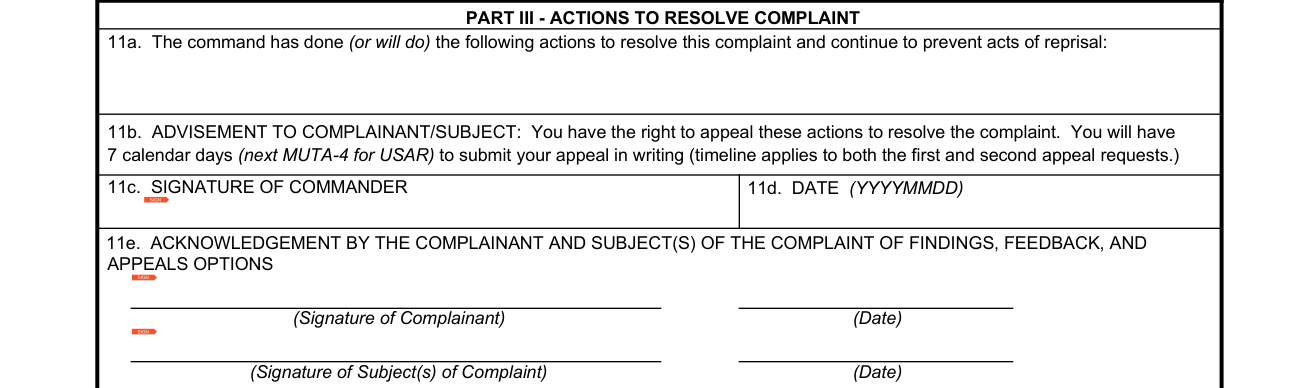 DA Form 7279 example filled out, part III - Actions to resolve complaint