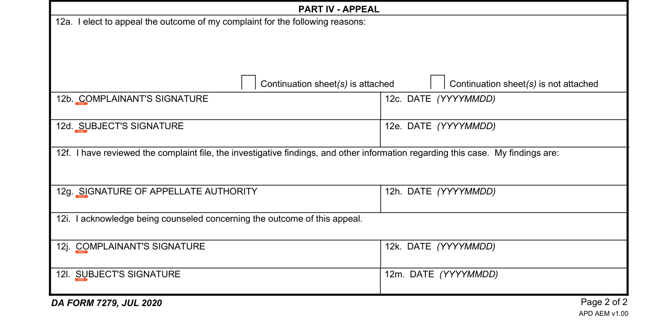 DA Form 7279 example filled out, part IV - Appeal