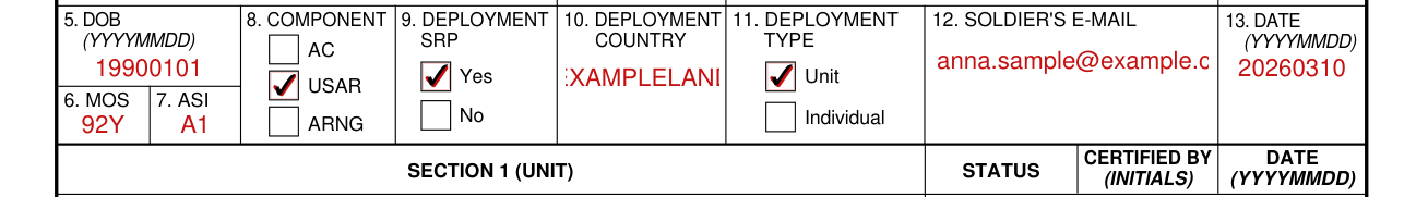 DA Form 7425 example filled out, component and deployment (Boxes 8 to 13)