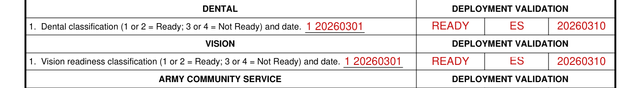 DA Form 7425 example filled out, dental and vision