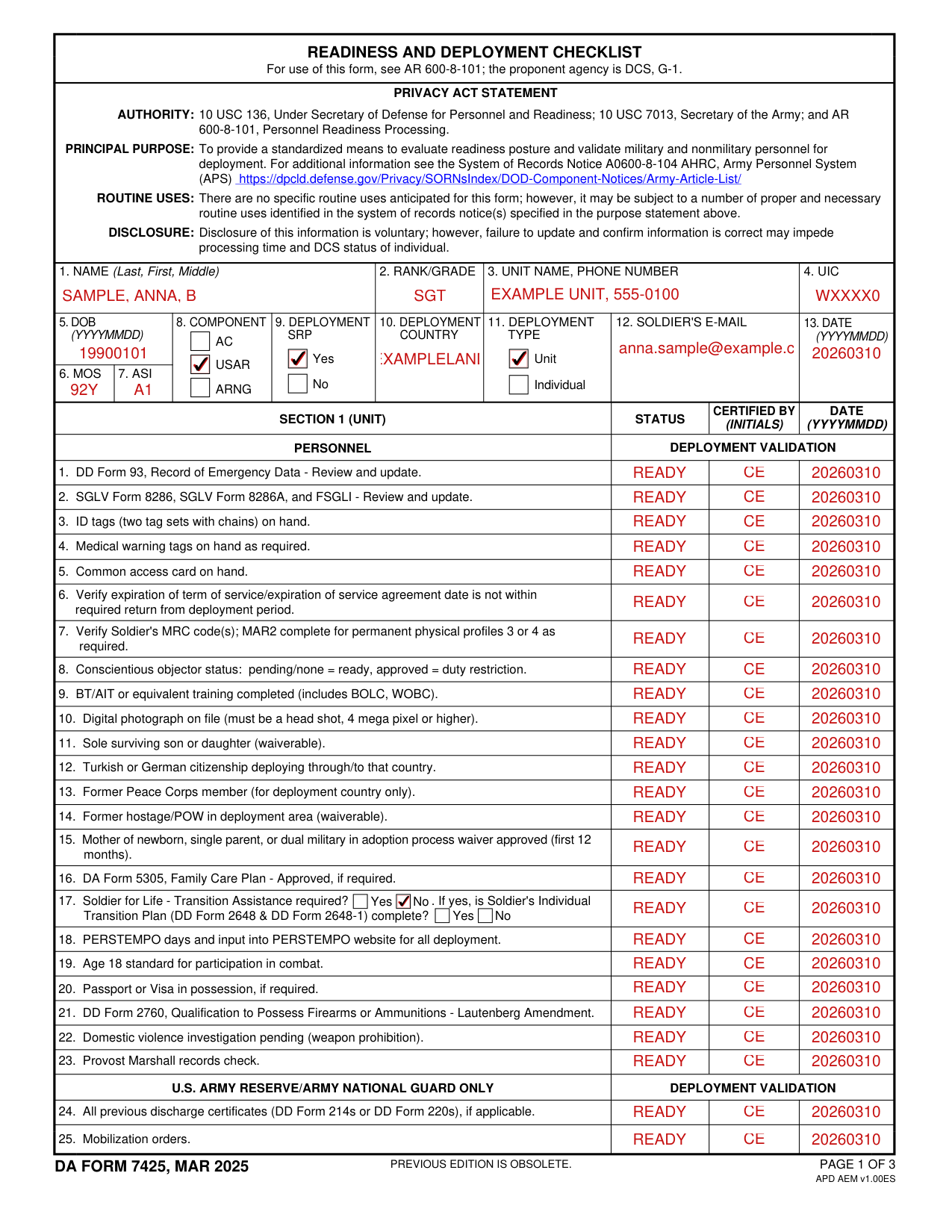 DA Form 7425 example filled out, example: a Reserve Soldier starts the checklist
