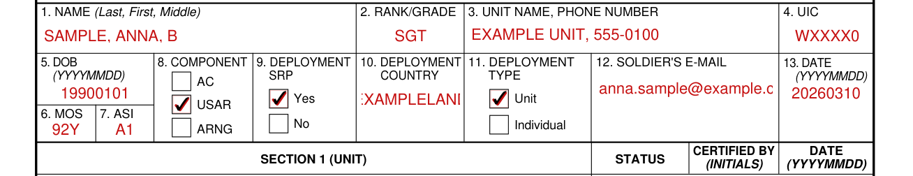 DA Form 7425 example filled out, name, rank and unit (Boxes 1 to 7)