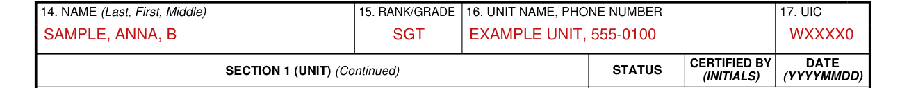 DA Form 7425 example filled out, name, rank, unit and UIC (Boxes 14 to 17)