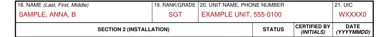 DA Form 7425 example filled out, name, rank, unit and UIC (Boxes 18 to 21)