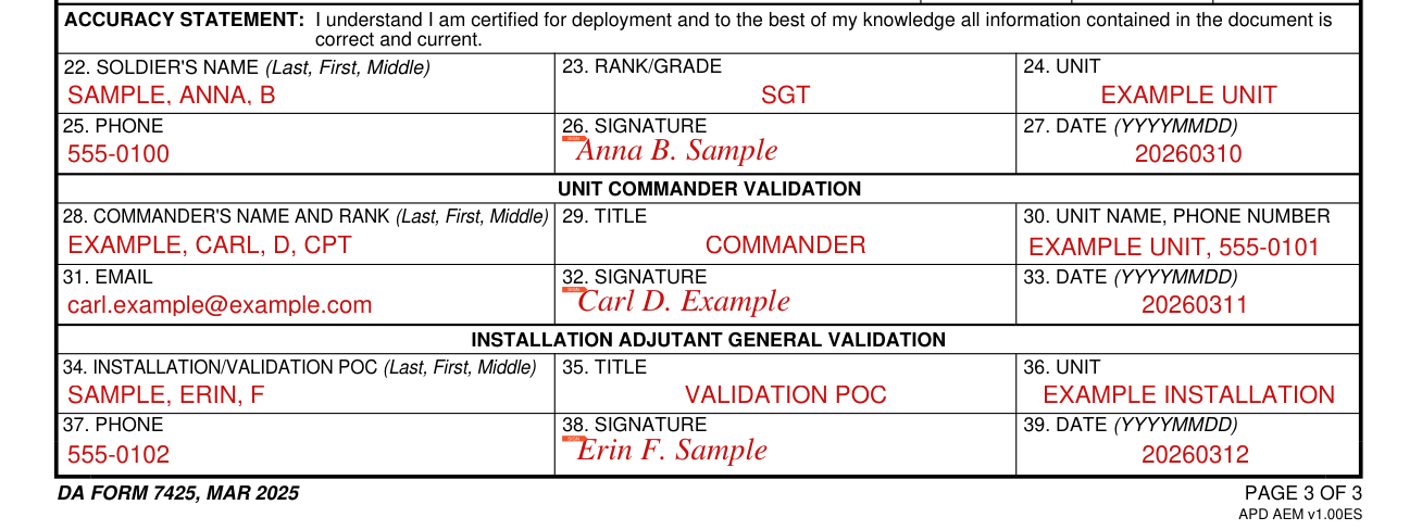 DA Form 7425 example filled out, name, signature and date (Boxes 22 to 39)