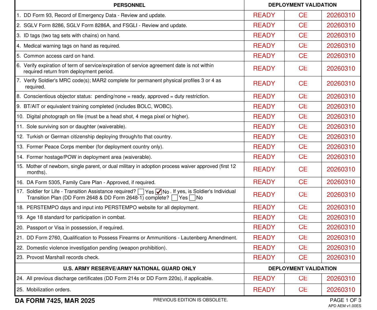 DA Form 7425 example filled out, personnel