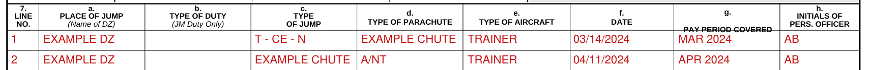 DA Form 1307 example filled out, box 7: one line for each jump (columns a to h)