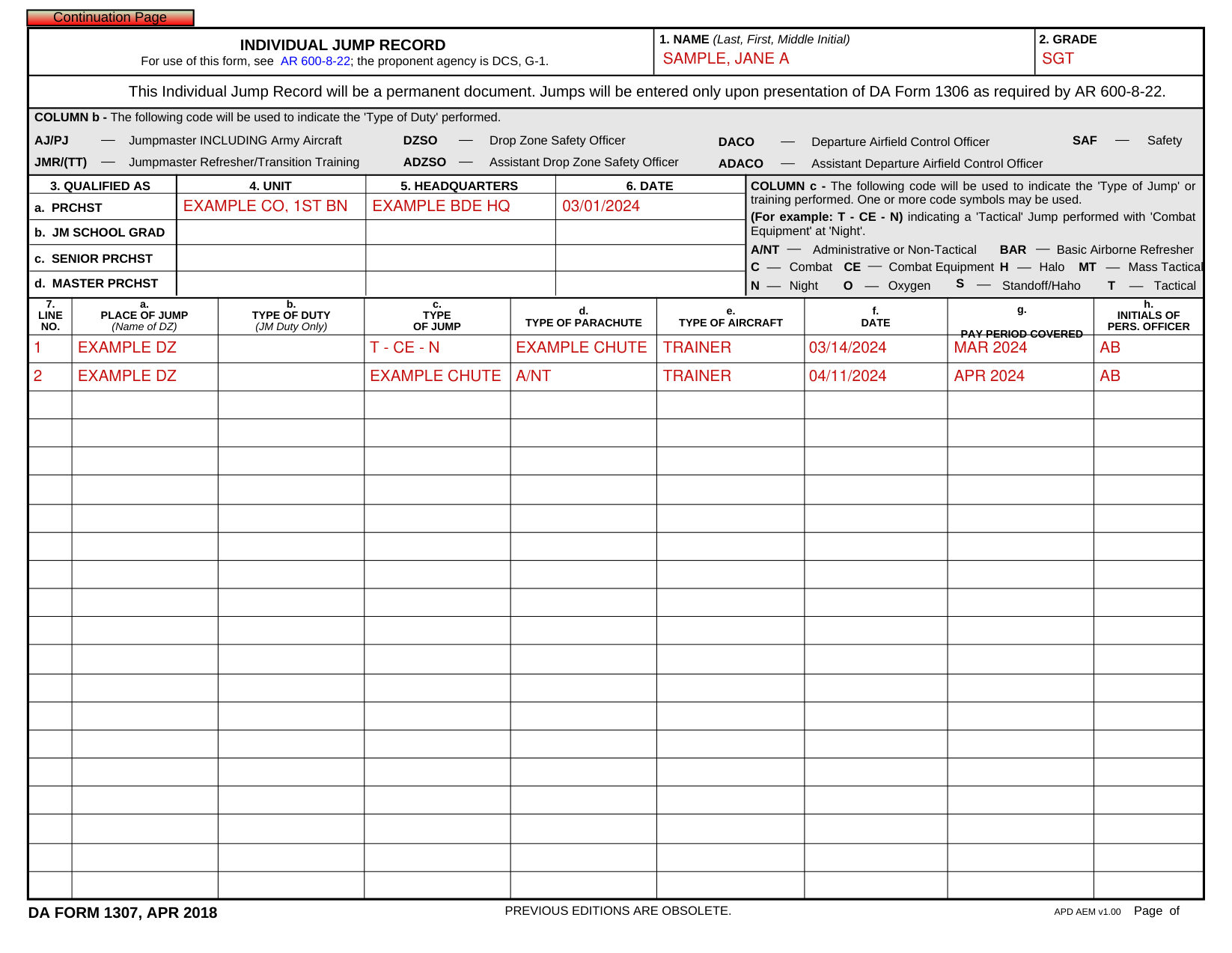 DA Form 1307 example filled out, example: two jumps on line 1 and line 2