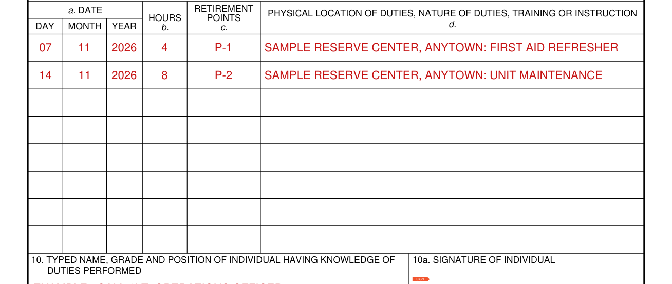 DA Form 1380 example filled out, date, hours, retirement points, location and nature of duties