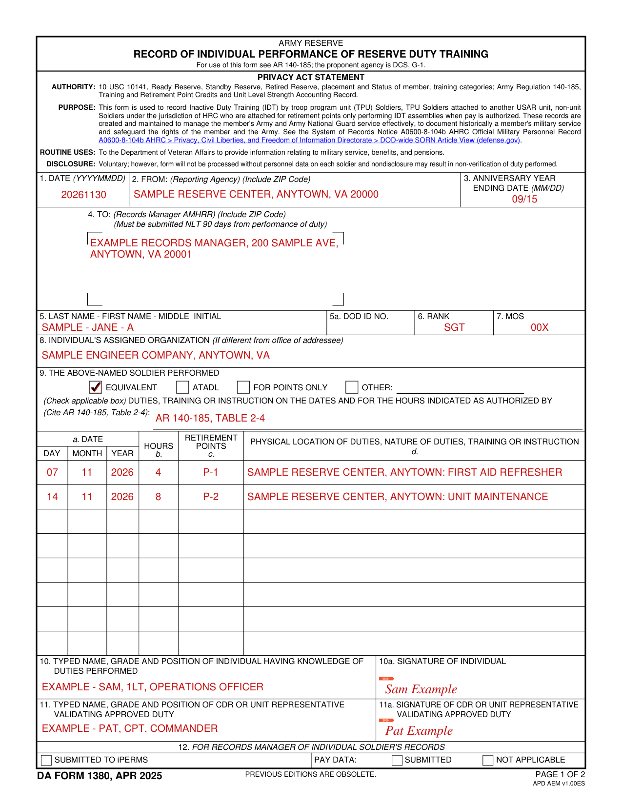 DA Form 1380 example filled out, example: a Soldier reports two paid training days