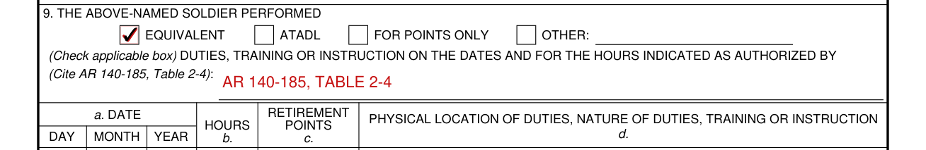 DA Form 1380 example filled out, item 9: type of duty performed and the authority to cite