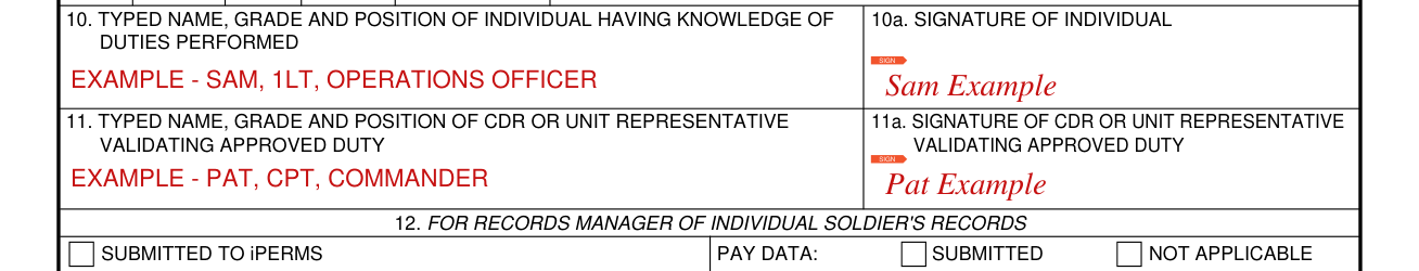 DA Form 1380 example filled out, items 10 and 11: names, positions and signatures