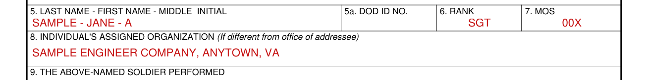DA Form 1380 example filled out, name, DOD ID number, rank, MOS and assigned organization