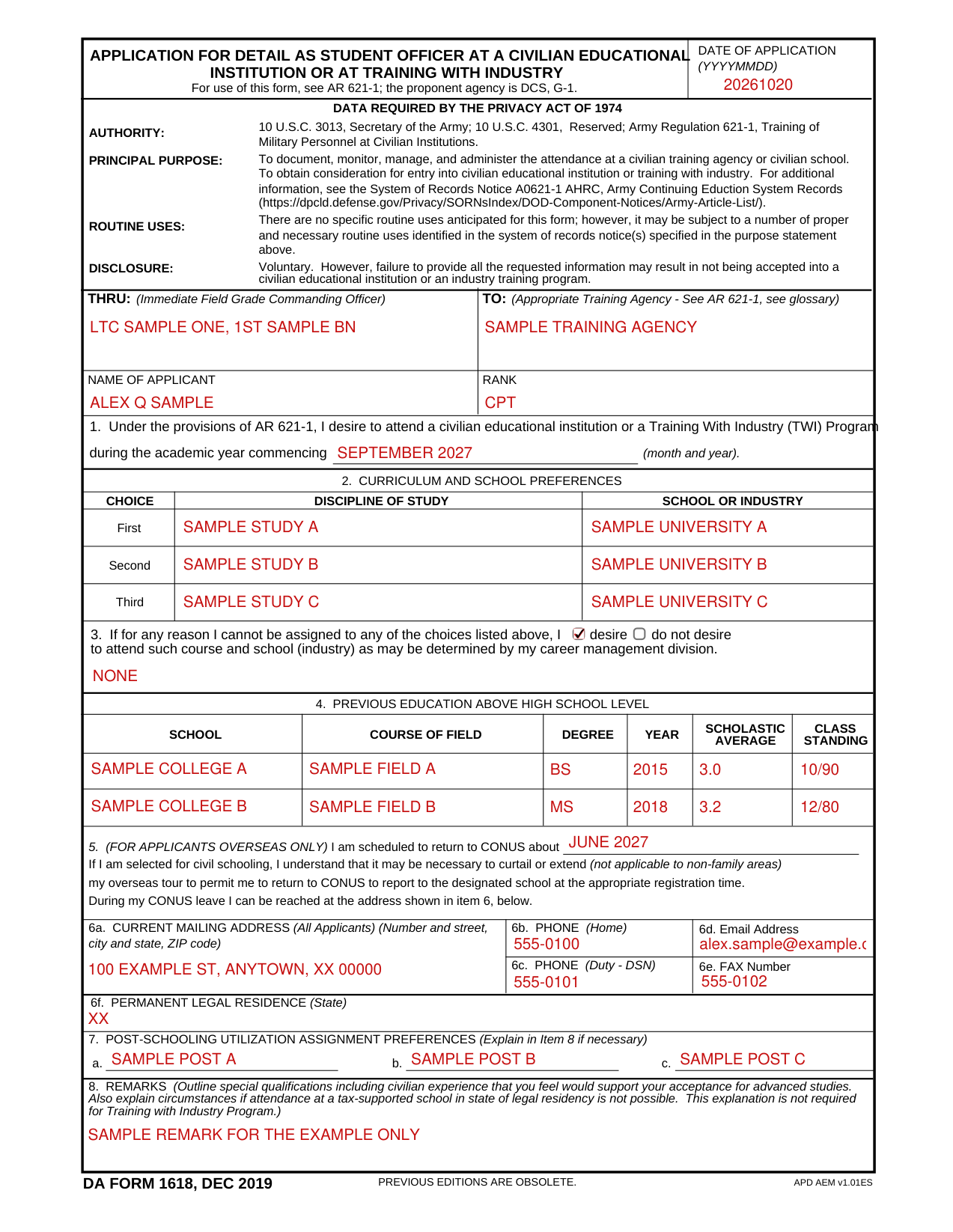 DA Form 1618 example filled out, example: an officer overseas applies for civil schooling
