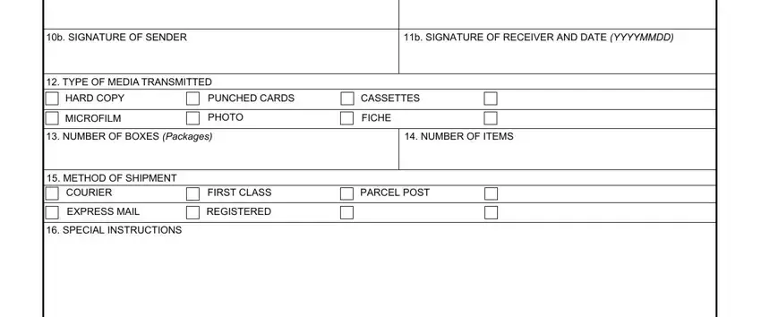 da 200 b SIGNATURE OF SENDER, b SIGNATURE OF RECEIVER AND DATE, TYPE OF MEDIA TRANSMITTED, HARD COPY, MICROFILM, PUNCHED CARDS, CASSETTES, PHOTO, FICHE, NUMBER OF BOXES Packages, NUMBER OF ITEMS, METHOD OF SHIPMENT, COURIER, EXPRESS MAIL, and FIRST CLASS fields to fill out