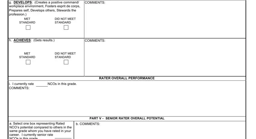 da form 2166 9 1a fillable pdf g DEVELOPS Creates a positive, MET STANDARD, DID NOT MEET STANDARD, COMMENTS, h ACHIEVES Gets results, COMMENTS, MET STANDARD, DID NOT MEET STANDARD, i I currently rate COMMENTS, NCOs in this grade, RATER OVERALL PERFORMANCE, PART V  SENIOR RATER OVERALL, a Select one box representing, and b COMMENTS blanks to fill