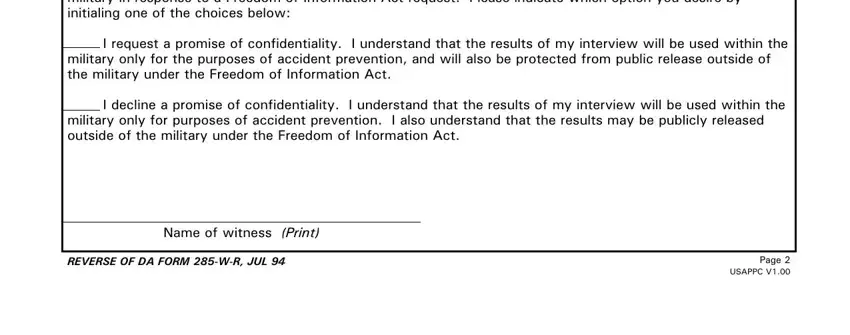 285-W-R b If you do not wish a promise of, I request a promise of, military only for the purposes of, I decline a promise of, military only for purposes of, Name of witness Print, REVERSE OF DA FORM WR JUL, and Page  USAPPC V fields to complete