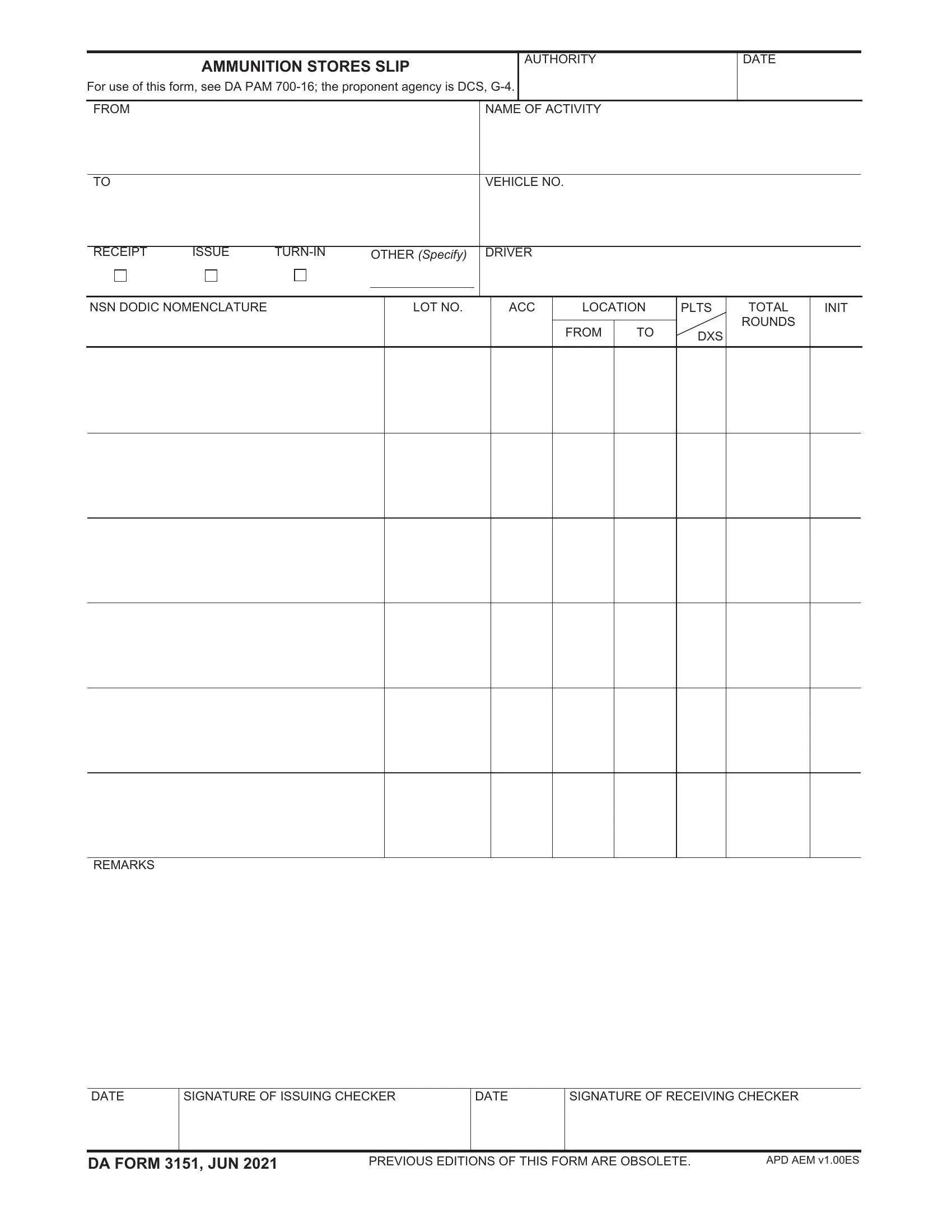DA Form 3151 ≡ Fill Out Printable Ammunition Stores Slip