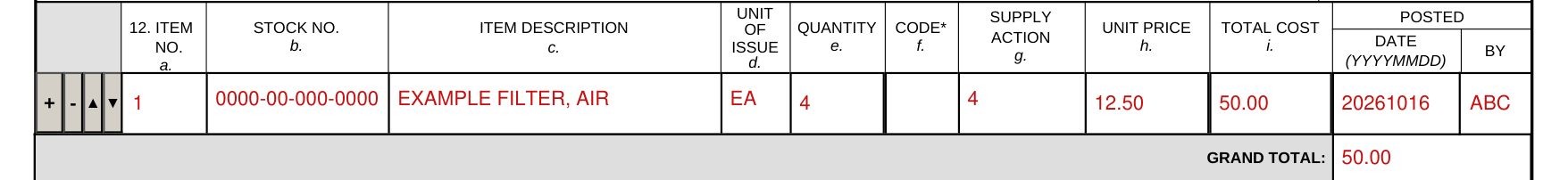 DA Form 3161 example filled out, box 12 to GRAND TOTAL