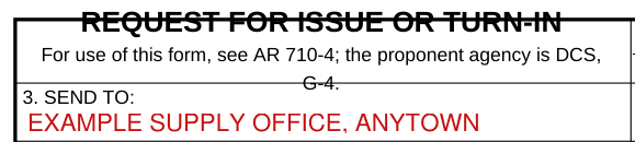 DA Form 3161 example filled out, box 3, SEND TO