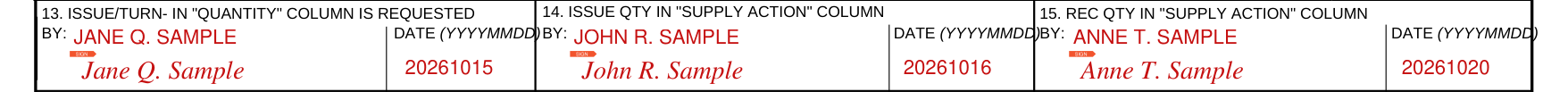 DA Form 3161 example filled out, boxes 13 to 15: BY, SIGN and DATE
