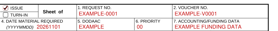 DA Form 3161 example filled out, boxes 4 to 7