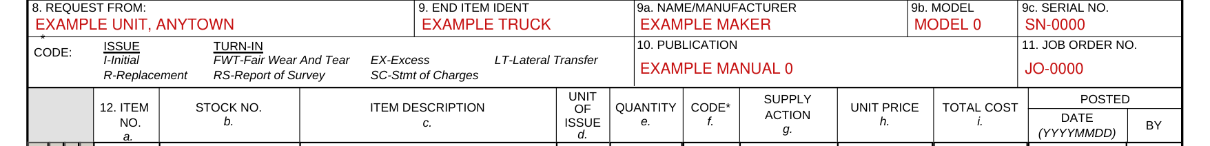DA Form 3161 example filled out, boxes 8 to 11 and CODE
