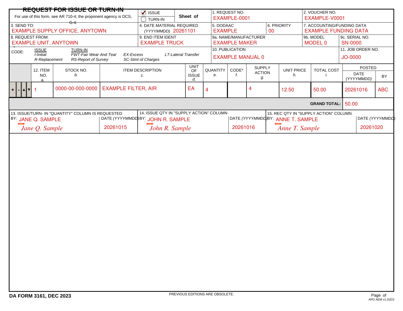DA Form 3161 example filled out, example: a request to issue four of one item