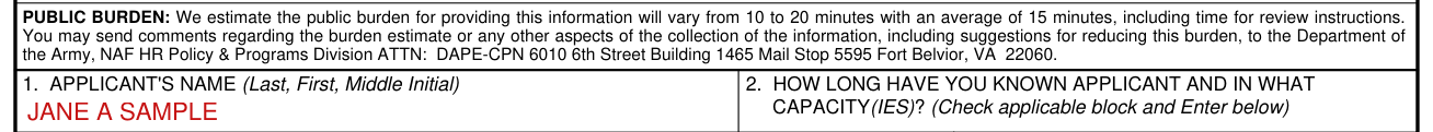 DA Form 3439 example filled out, applicant's name