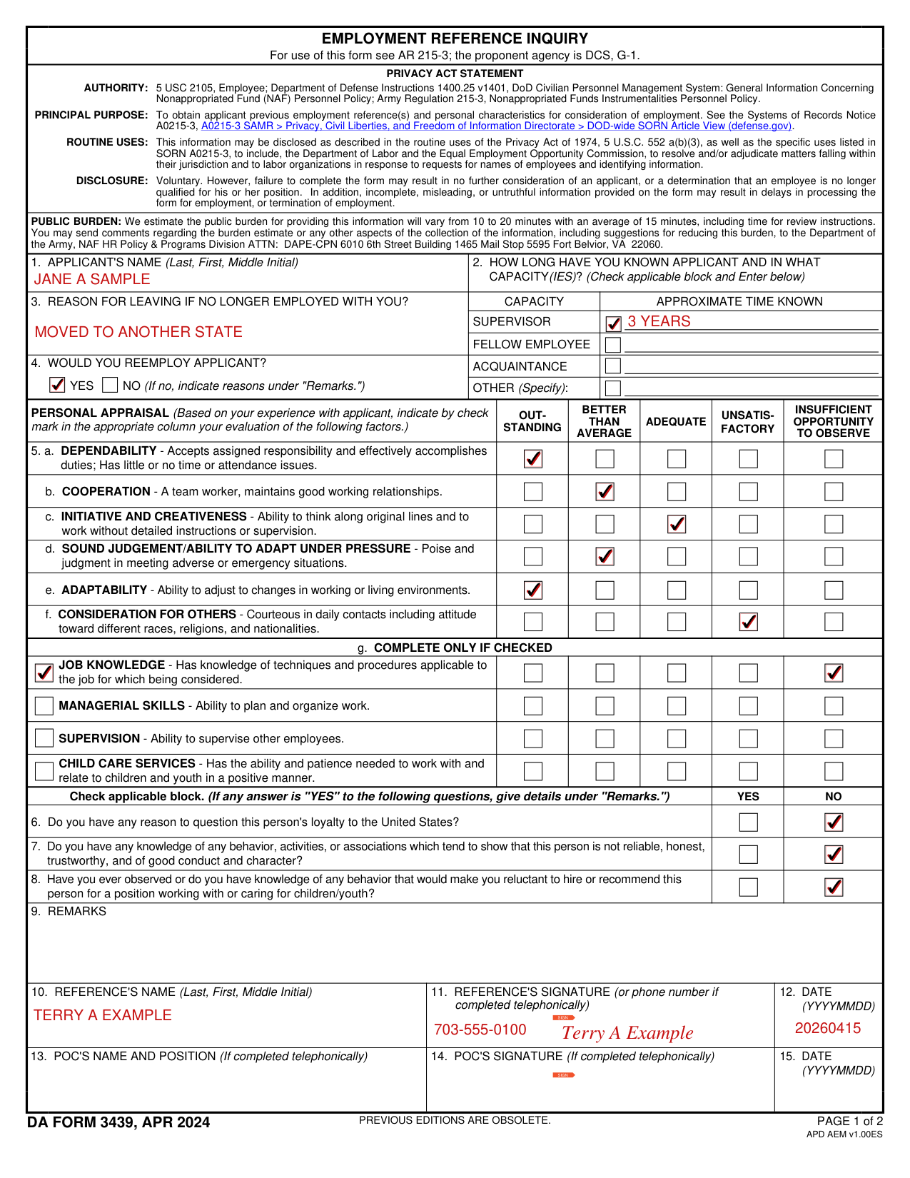 DA Form 3439 example filled out, example: a supervisor fills in the reference