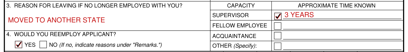 DA Form 3439 example filled out, how long have you known the applicant and in what capacity