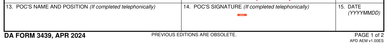 DA Form 3439 example filled out, pOC, if completed telephonically