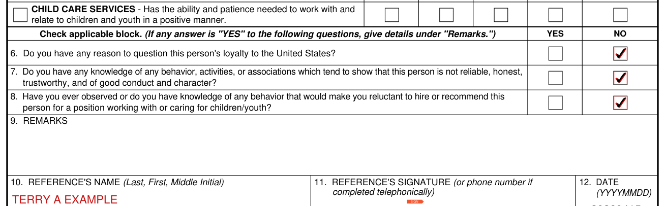 DA Form 3439 example filled out, questions 6, 7 and 8, and Remarks