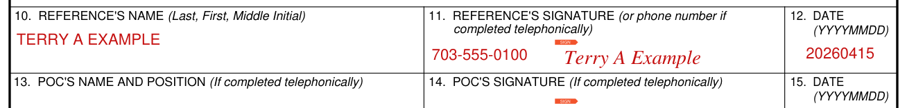 DA Form 3439 example filled out, reference's name, signature and date