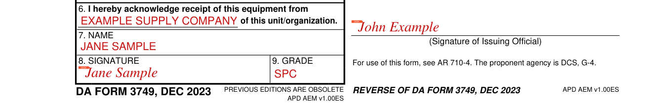 DA Form 3749 example filled out, acknowledging receipt, name, signature and grade (Boxes 6 to 9)