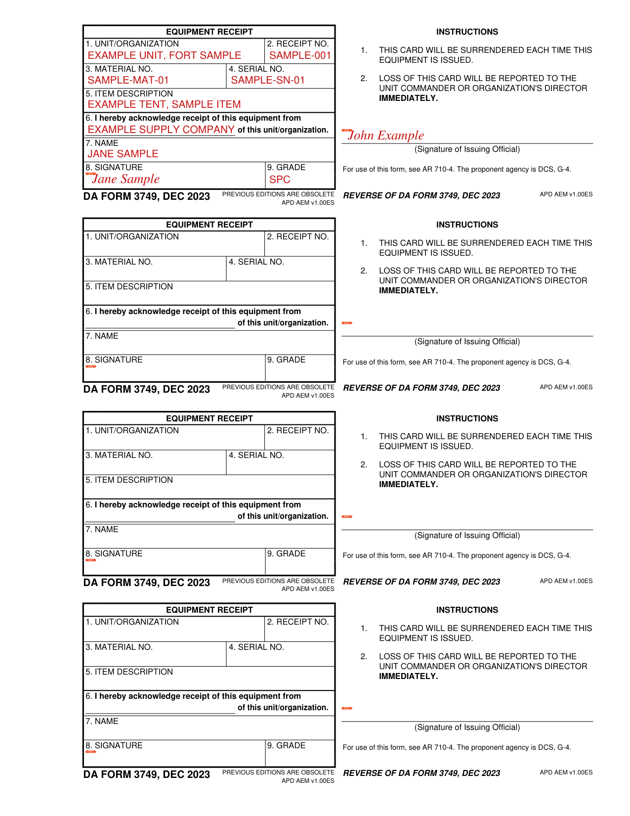 DA Form 3749 example filled out, example: receiving one item on the first card