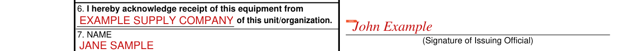 DA Form 3749 example filled out, signature of the issuing official