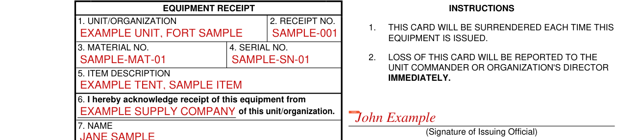 DA Form 3749 example filled out, unit, receipt, material, serial and item (Boxes 1 to 5)